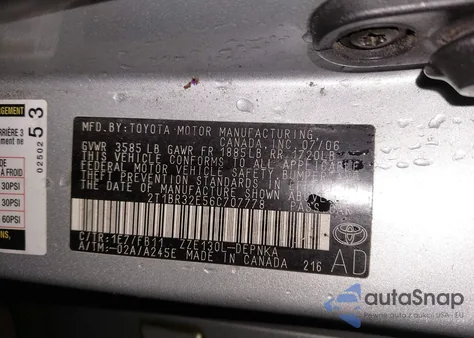 2006 Toyota Corolla Le из США, поврежденный, VIN 2T1BR32E56C707778